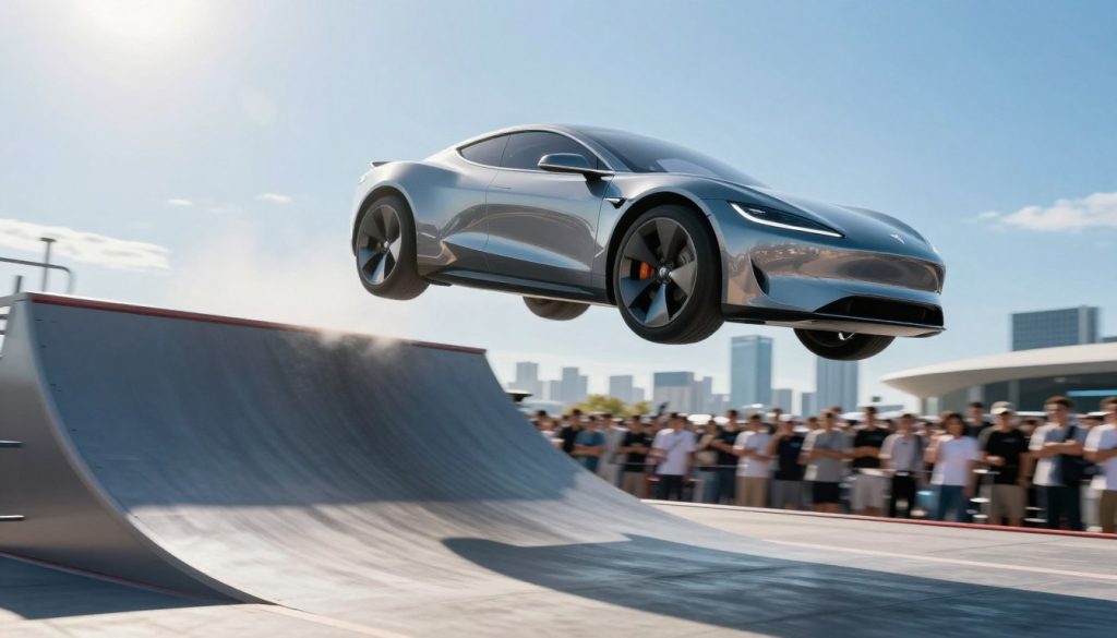 A remotely controlled Tesla Roadster flipping above a ramp A remotely controlled Tesla Roadster flipping above a ramp