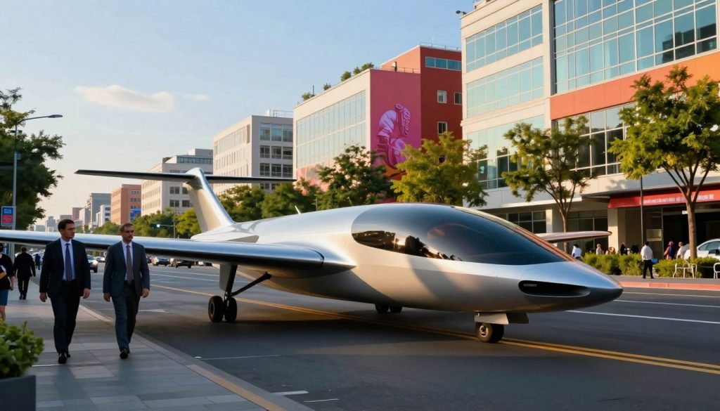 A roadable aircraft prototype beside a city street A roadable aircraft prototype beside a city street